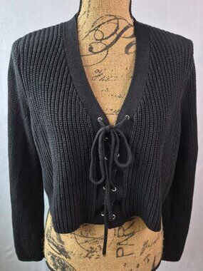 Millau Women's Cropped Lace up Sweater Black Knit Size Small Boho
